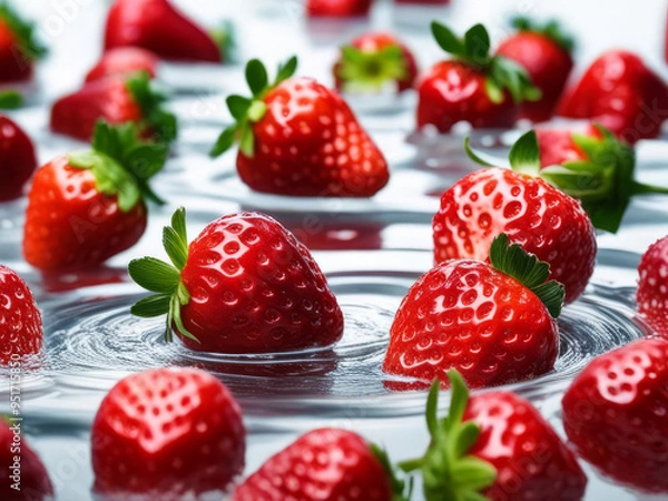 Obraz Fresh, ripe strawberries splashing in clear water with bubbles. Close-up shots highlight the vibrant red color and detailed texture of the fruit.