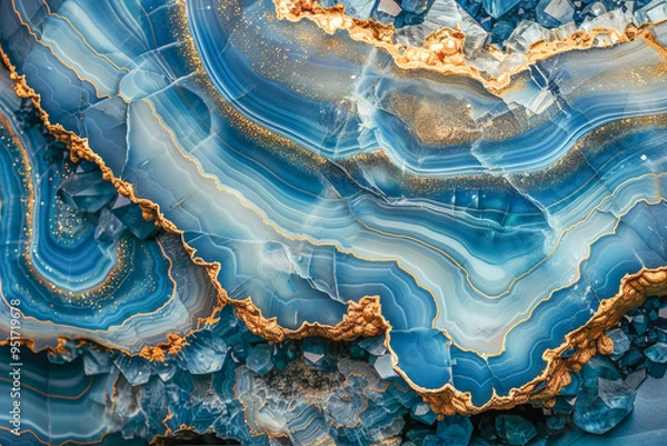 Fototapeta Abstract blue agate stone texture with golden veins creating wavy pattern