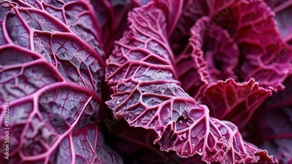 Fototapeta Close-up of a vibrant purple cabbage with intricate veins and a textured surface.