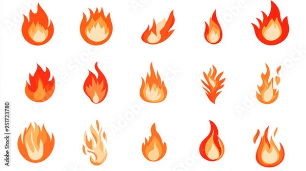 Fototapeta Set of red fire flat icons and pictograms, isolated on a white background, ideal for danger concepts or logo design.