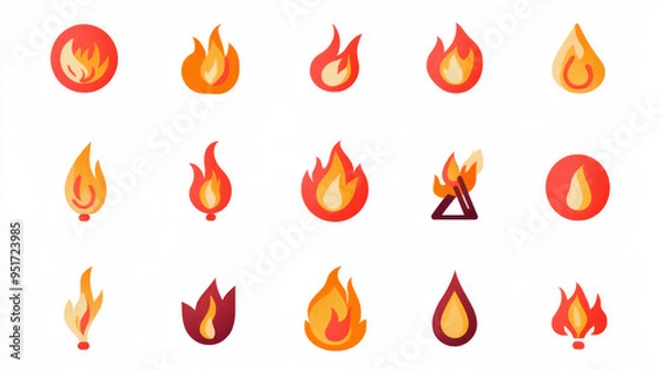 Fototapeta Set of red fire flat icons and pictograms, isolated on a white background, ideal for danger concepts or logo design.