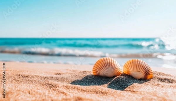 Fototapeta Tropical Paradise Abstract: Vibrant Summer Beach Vacation Concept. Minimalist Ocean and Sky Design with Elegant Sand and Shell Textures. Versatile Marketing Background for Leisure and Holiday Promotio