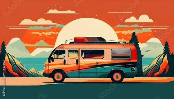 Fototapeta 夕方の草原を走る車の景色