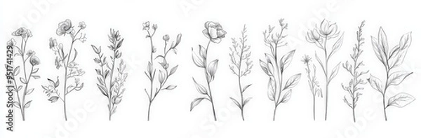 Fototapeta line art collection of botanical plants, flowers, and leaves in a continuous single stroke on a white background. 