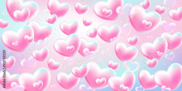 Fototapeta Dreamy gentle 3d hearts. Gradient horizontal background. Valentine's day, wedding. Vector stock illustration.