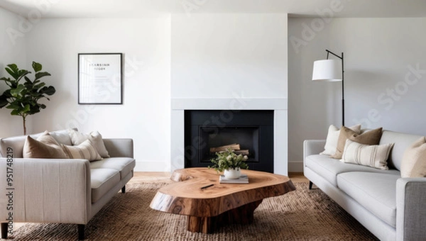 Obraz elegant minimalist design of a modern living room with a sofa and a coffee table in raw wood and a fireplace in the white wall