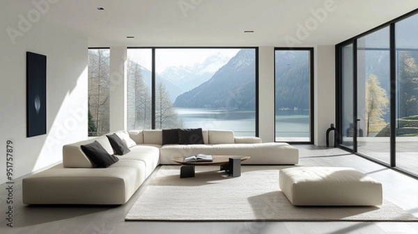 Fototapeta Modern luxury interior living room design with big windows moutains view. Simple and minimal white room with white sofa.