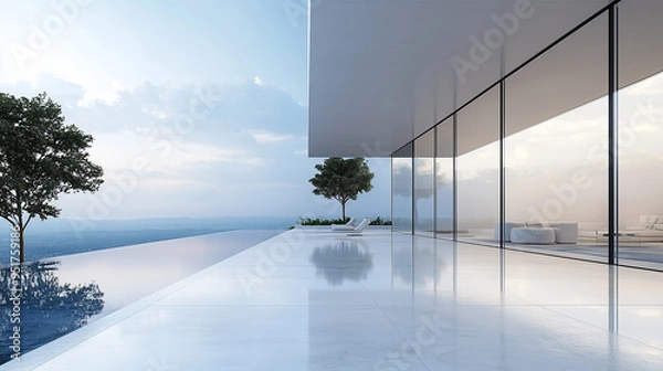 Fototapeta Modern minimal balcony terrace of luxury house villa. Swimming pool and sky view.