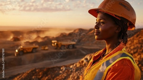 Fototapeta African woman in safety gear operates heavy machinery on a gold mining site at dawn with rugged terrain, dusty environment, and mining trucks in the background