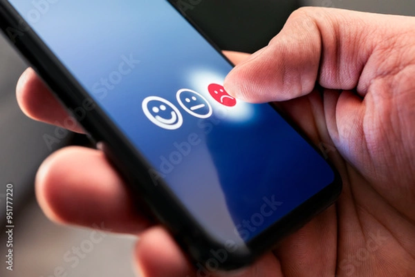 Fototapeta Bad review and complaint. Unhappy customer complain. Negative feedback in survey poll in phone. Low quality and rating online. Experience, business reputation and ranking. Dissatisfied consumer.