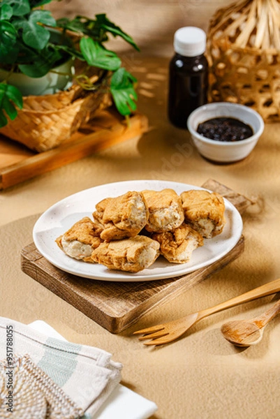 Fototapeta Tahu Walik, Inside Out Crispy Tofu Stuffed is a processed tofu snack fried in starch and other ingredients with Meatball Tahu Walik also known as Tahu Bakso