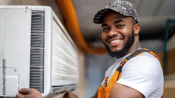 Fototapeta Smiling HVAC Technician Working on Air Conditioner Unit