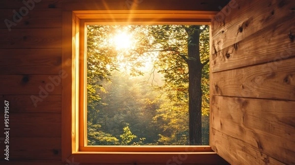 Fototapeta Hole in a wooden cabin wall showing sunlight filtering through the trees outside
