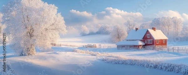 Fototapeta Snow-covered farm surrounded by frosty fields, with a cozy farmhouse and snow-covered barn, Serene, Cool Tones, Wide Angle