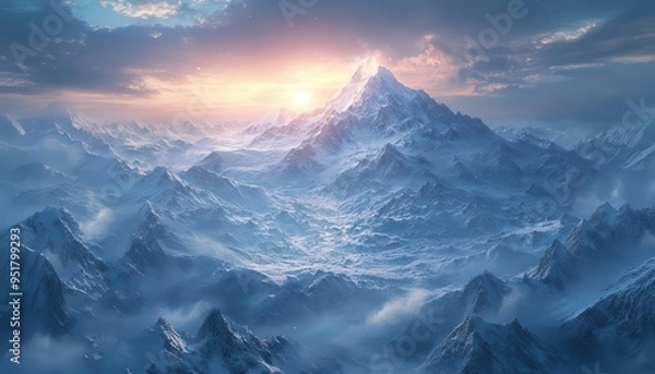 Fototapeta Snow-covered mountains at dusk, with soft light illuminating the scene, creating a majestic winter landscape, Majestic, Cool Tones, Wide Shot