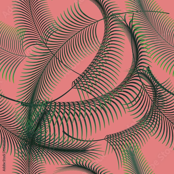 Fototapeta Palm leaves vector seamless pattern. Tropical leaf background, jungle tree branch on pink.