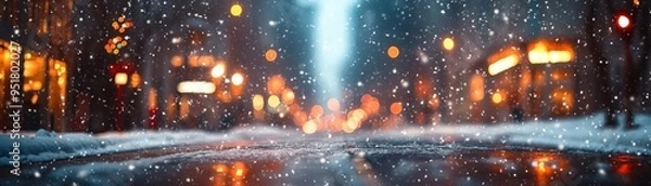 Fototapeta Snow-covered street with festive lights, holiday decorations, and snow falling softly, creating a joyful winter scene, Festive, Cool Tones, Wide Angle