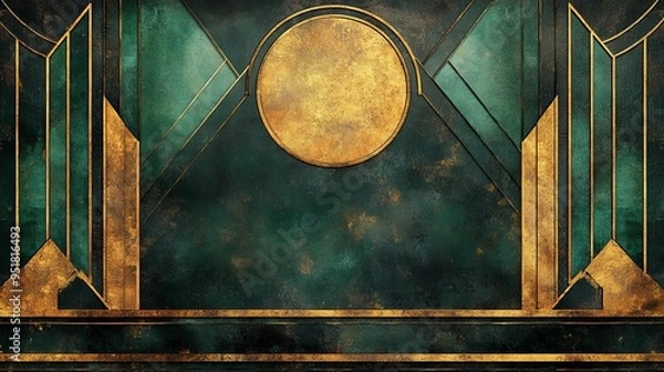 Fototapeta Vintage Luxurious Retro Art Deco Abstract Background with Patterns and Textures in golden green colors , Perfect for Elegant Design and Backdrop new beautiful stock image illustration AI