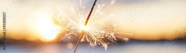 Fototapeta A sparkling sparkler glows against a sunset, creating a festive and magical atmosphere for celebrations and special occasions.