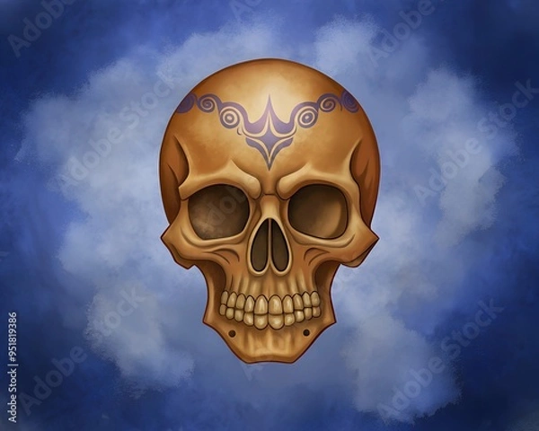 Obraz illustration of golden skull with a blue ornament on the forehead isolated on blue smoky background