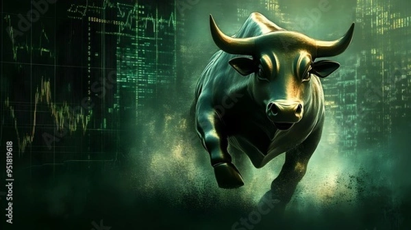 Obraz Surging Bull Statue Charging Through Vibrant Green Market Backdrop with Dynamic Financial Data