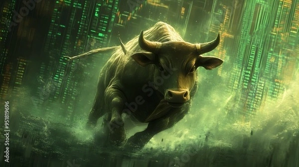 Obraz Surging Bull Statue Charges Through Vibrant Green Market Backdrop with Dynamic Financial Charts