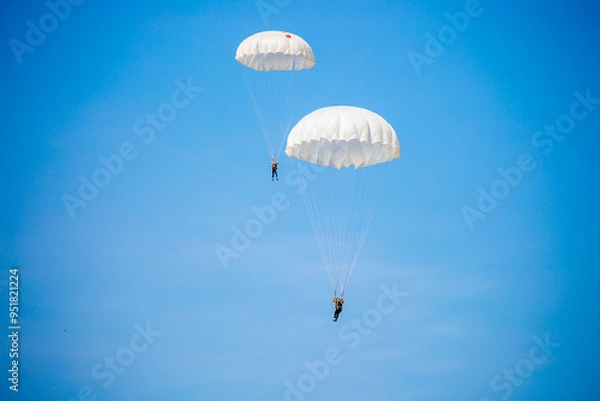 Fototapeta Skydiving. Flying parachutists against the background of the blue sky and mountains. Extreme sport and entertainment.