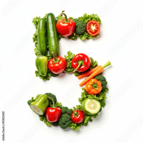 Fototapeta Vegetable number 5, Letters made from fresh vegetables. Generative AI

