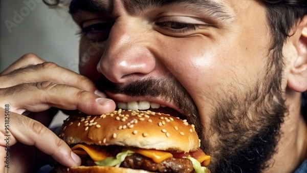 Obraz A close up portrait of a man bites his big burger deliciously