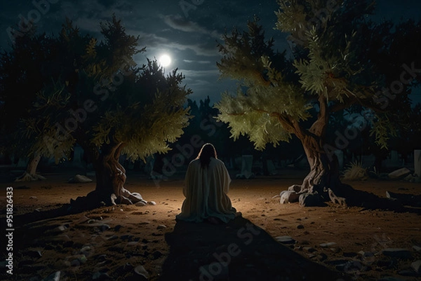 Obraz Jesus Christ Praying in the Garden of Gethsemane, Artistic Style Depiction with Spiritual Atmosphere and Detailed Imagery new beautiful stock image illustration AI