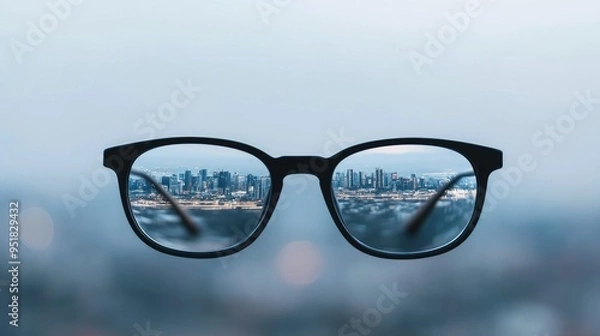 Obraz A close-up view of glasses reflecting a vibrant city skyline, representing clarity and ambition in the urban landscape of modern business