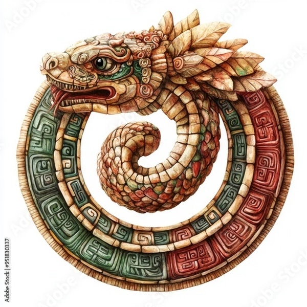 Fototapeta Elegant Coatl Icon: Abstract Aztec Calendar Design for Year of the Snake 2025. Blue-Orange Serpentine Pattern with Cultural Symbolism. Minimalist Composition with Gradient Textures, Ideal for Posters,