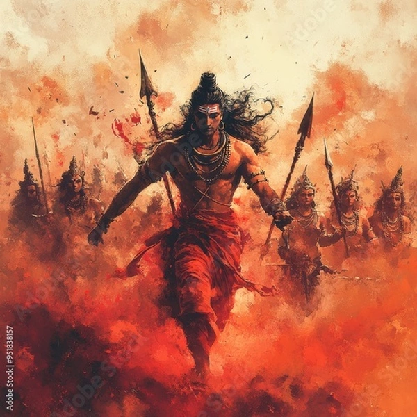 Fototapeta Divine Battle: AI-Generated Watercolor of Shiva Leading Ganas Army. Abstract Cultural Art with Vibrant Blue-Orange Hues. Minimalist Composition for Spiritual Marketing, UI, and Graphic Design Projects