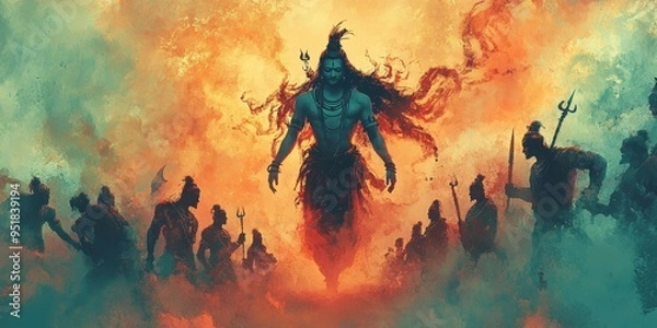 Fototapeta Divine Battle: AI-Generated Watercolor of Shiva Leading Ganas Army. Abstract Cultural Art with Vibrant Blue-Orange Hues. Minimalist Composition for Spiritual Marketing, UI, and Graphic Design Projects