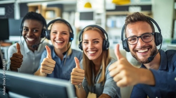 Fototapeta A group of diverse technical support working in a call center office workers wearing headsets, smiling, and giving thumbs up in front of their computers for customer service support or sales