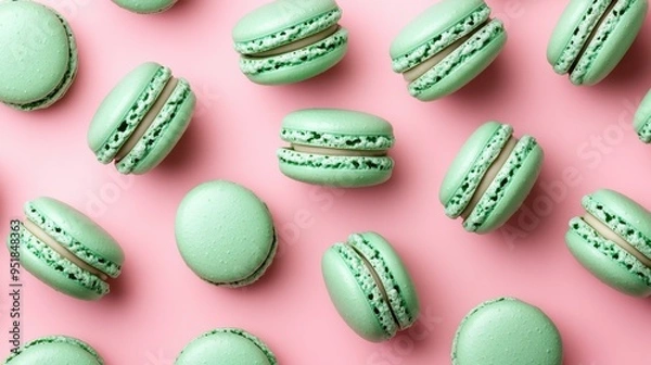 Fototapeta Mint macaroons in a row on pink background,french macaroons,Paris Pastry macaron green tea,Pastry shop card with copy space,french macaroons,bakery and branding concept,copy space.