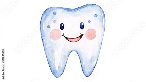 Obraz Watercolor texture soft pastel colors friendly cartoon tooth character with a toothbrush bubbles around the tooth gentle and playful vibe light blue and white palette
