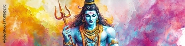 Fototapeta Vibrant AI-Generated Shiva: Epic Watercolor Depiction of Hindu God with Trishula. Colorful Cultural Art for T-Shirt Prints, Posters, and UI Design. Minimalist Composition with Elegant Gradients and Te