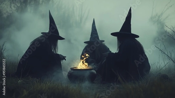 Obraz Three witches sitting around a cauldron