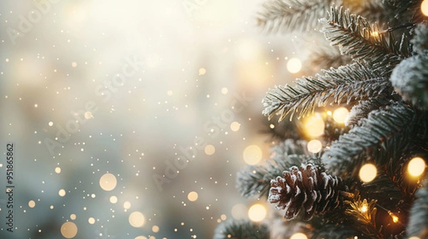 Fototapeta christmas tree, holiday illumination and decoration concept, bokeh lights in background