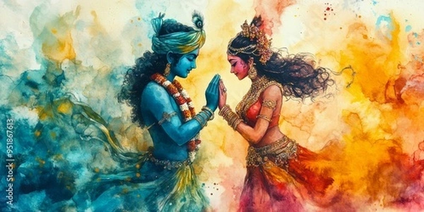 Fototapeta Vibrant AI-Generated Krishna and Radha: Holi Festival Celebration in Watercolor. Colorful Hindu Mythology Art for T-Shirts, Posters, and UI Design. Elegant Minimalist Composition with Textured Gradien