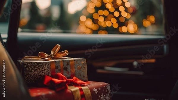 Obraz Festive Christmas gifts inside a car with a beautiful bokeh background of a Christmas tree, capturing the holiday spirit and joy of gift-giving.