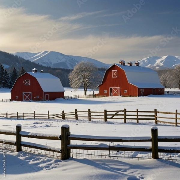 Fototapeta A farm with snow-covered barns, fences, and fields