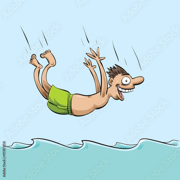Obraz A cartoon man leaps into the wavy water with a big smile, about to do a bellyflop.