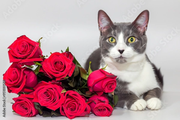 Fototapeta White and white cat on with roses. flower rose pink concept. cat is colored with red and a bouquet of roses. a cat with a bouquet of red and white roses on a lifestyle white.