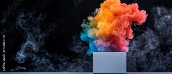 Fototapeta  A rainbow-hued cloud of smoke hovering above a pristine white box against a dark backdrop, emitting smoke