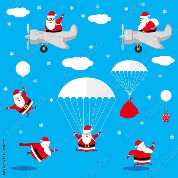Fototapeta Vector set design elements funny Santa Claus different character as pilot, runner, skydiver isolated on blue background