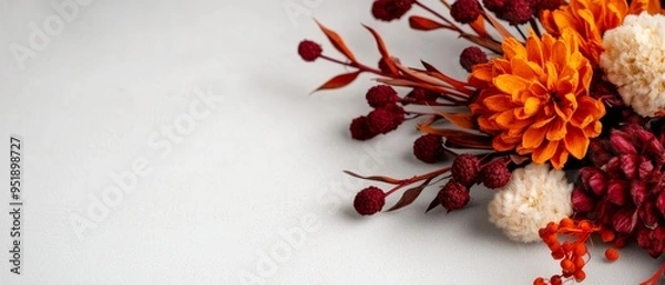 Fototapeta  A tight shot of an arrangement of flowers against a white background, featuring red and orange blooms at its center