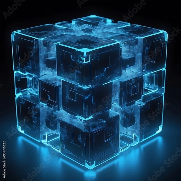 Fototapeta Three dimensional render of blue glowing blockchain cube