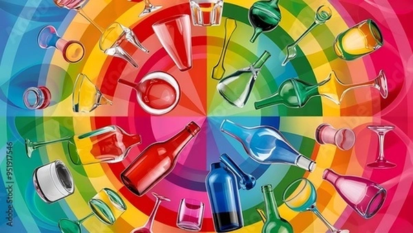 Fototapeta Glass and bottles on bright and colorful background with copy space